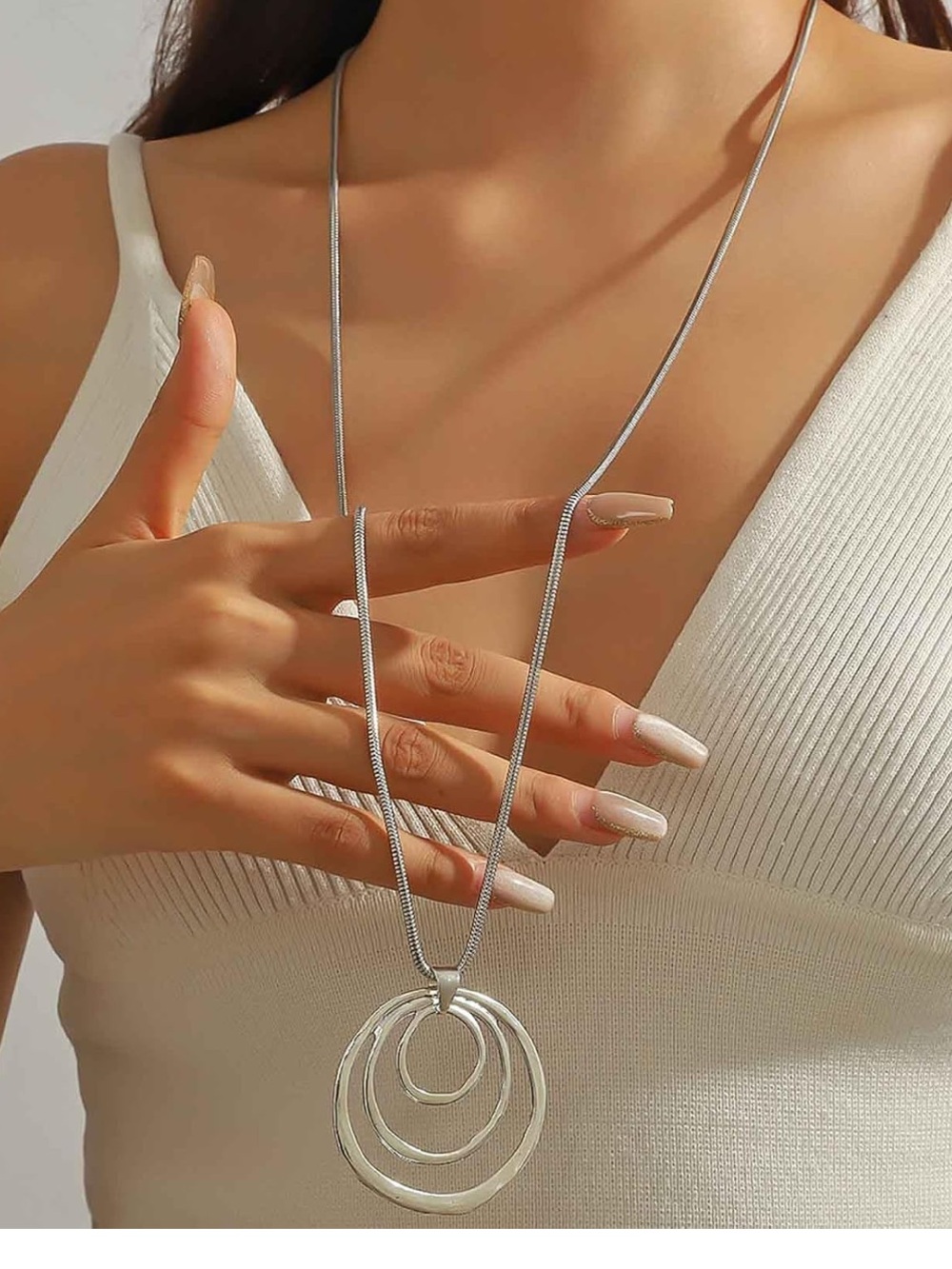 Silver Triple Circle Pendant Necklace - Women Jewelry